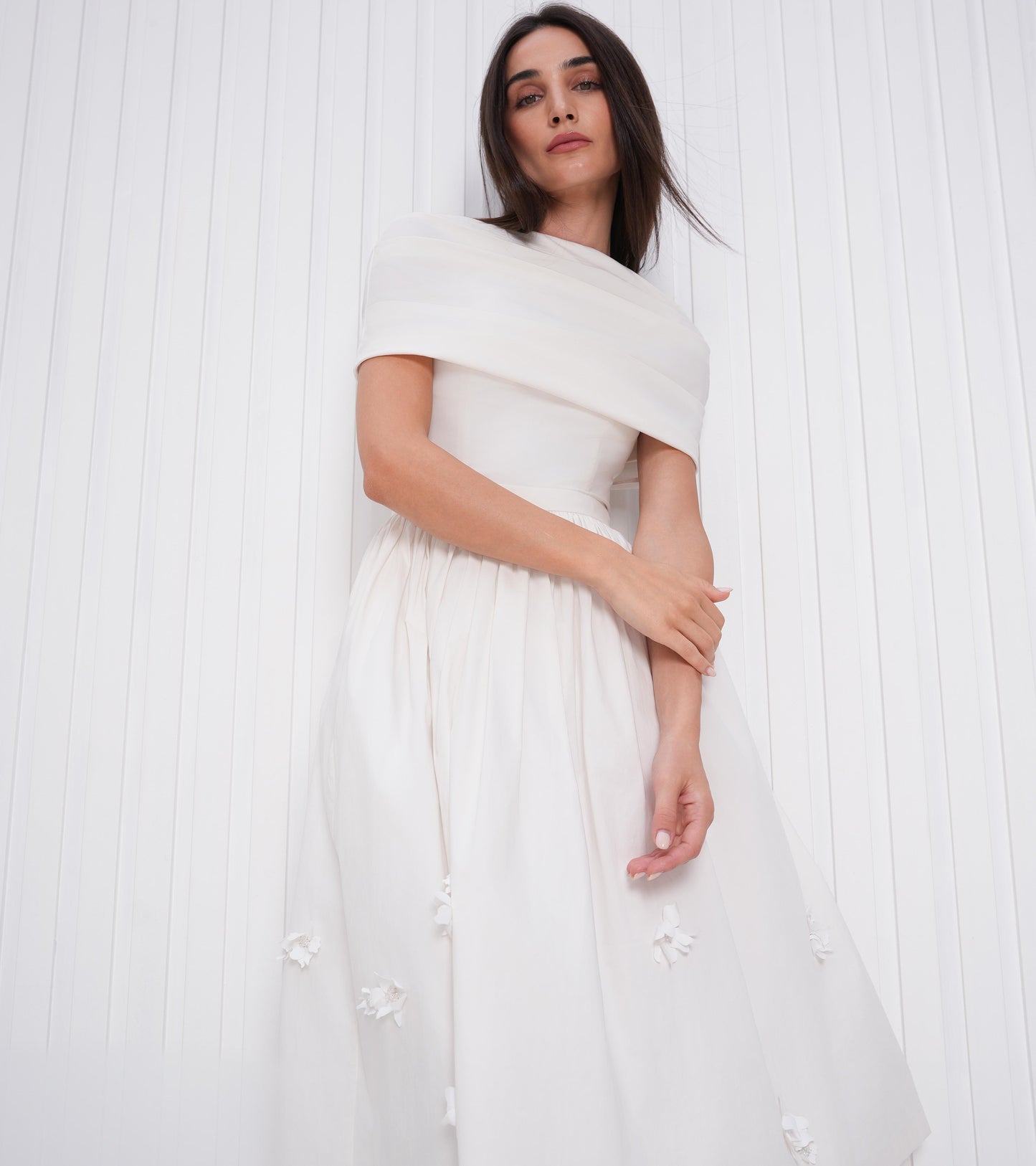 Floral-Appliquéd Cotton Poplin Midi Dress