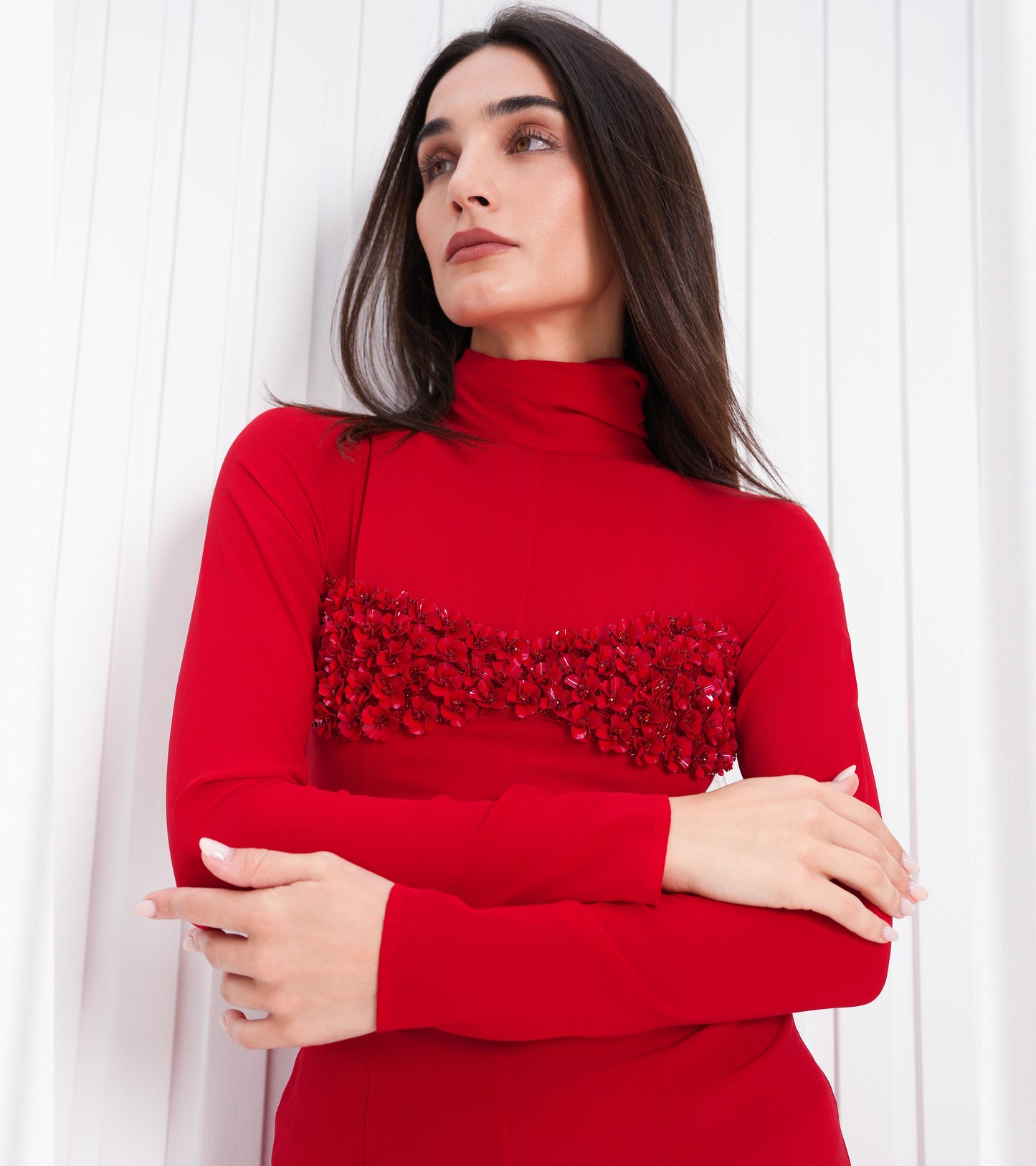 Scarlet Bloom 3D Floral-Embellished Sheer Midi Dress