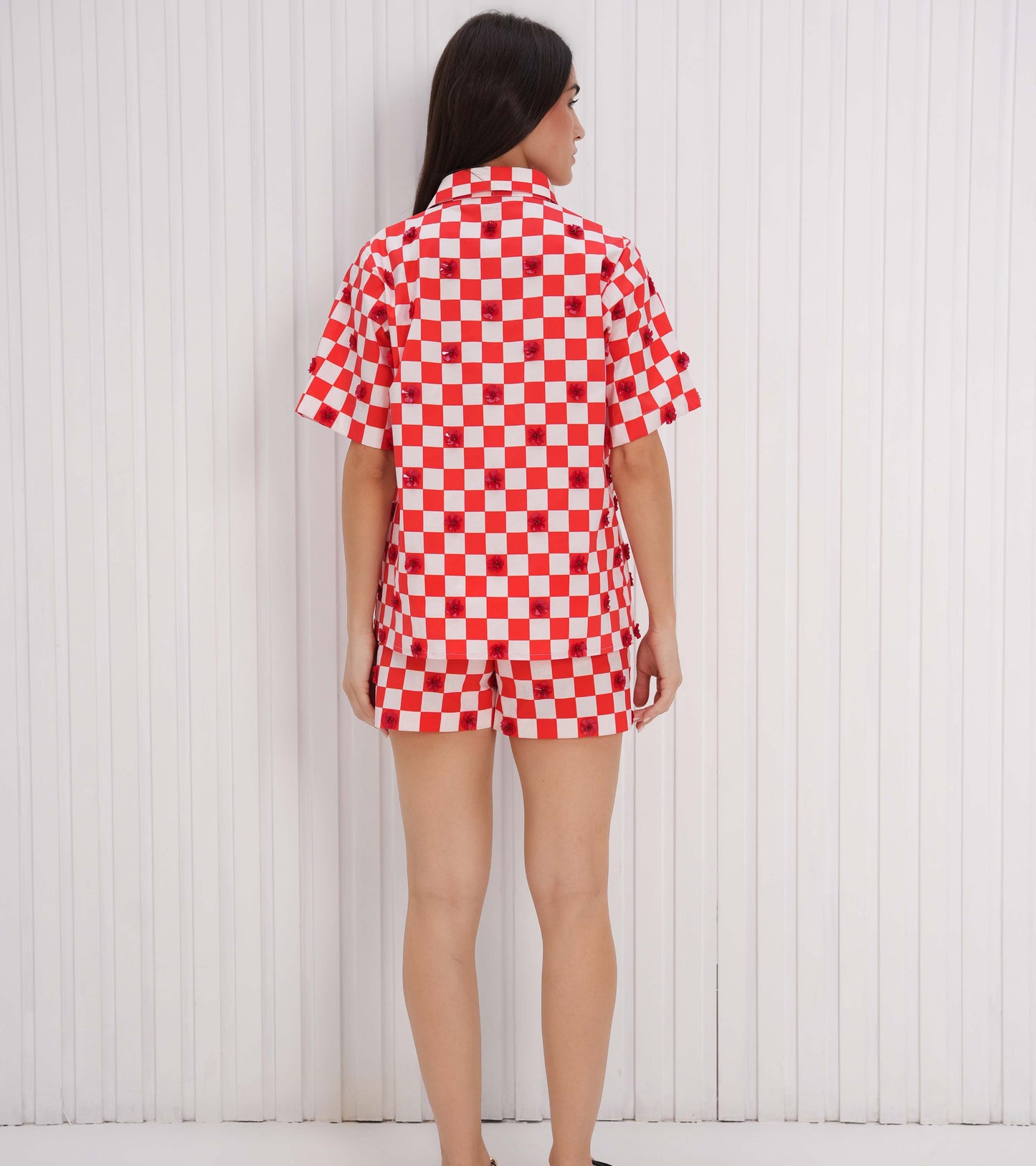 Chessboard Reverie Red Chequered Cotton Poplin Shorts